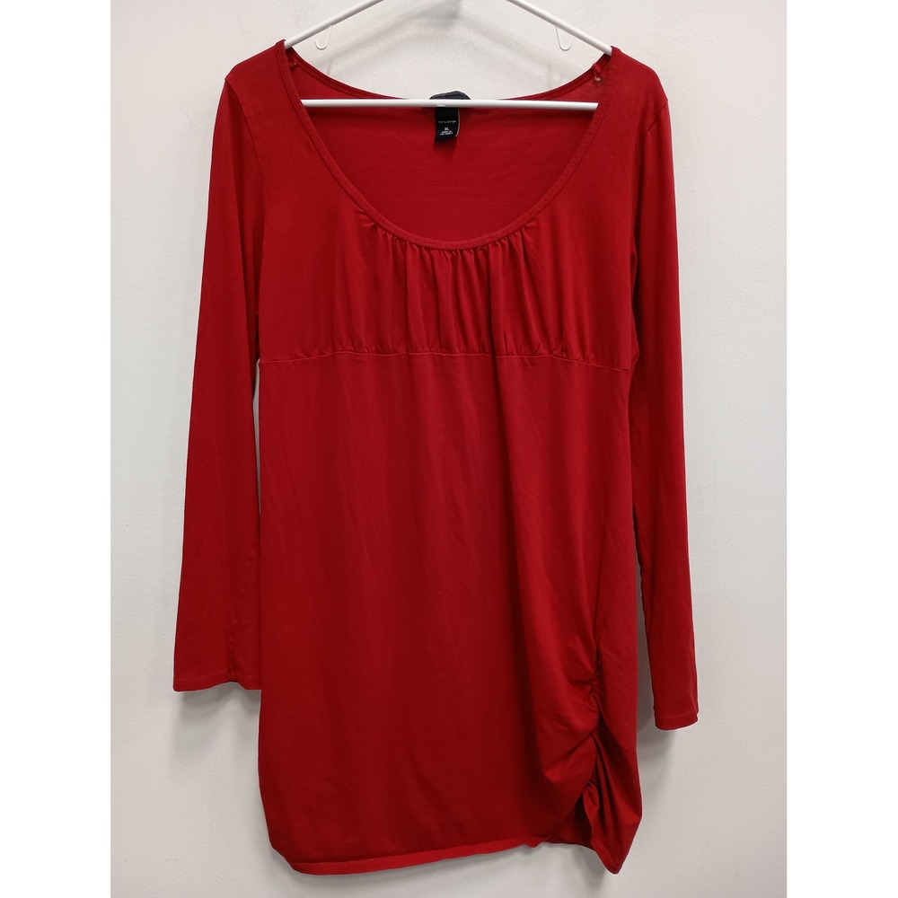 VTG Y2K Moda International Tunic Top Womens XL Red Ruched Babydoll Long Sleeve